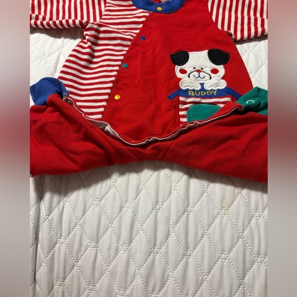 Buster Brown Vintage Red and White Striped Footie with Puppy Patch - Picture 4 of 7